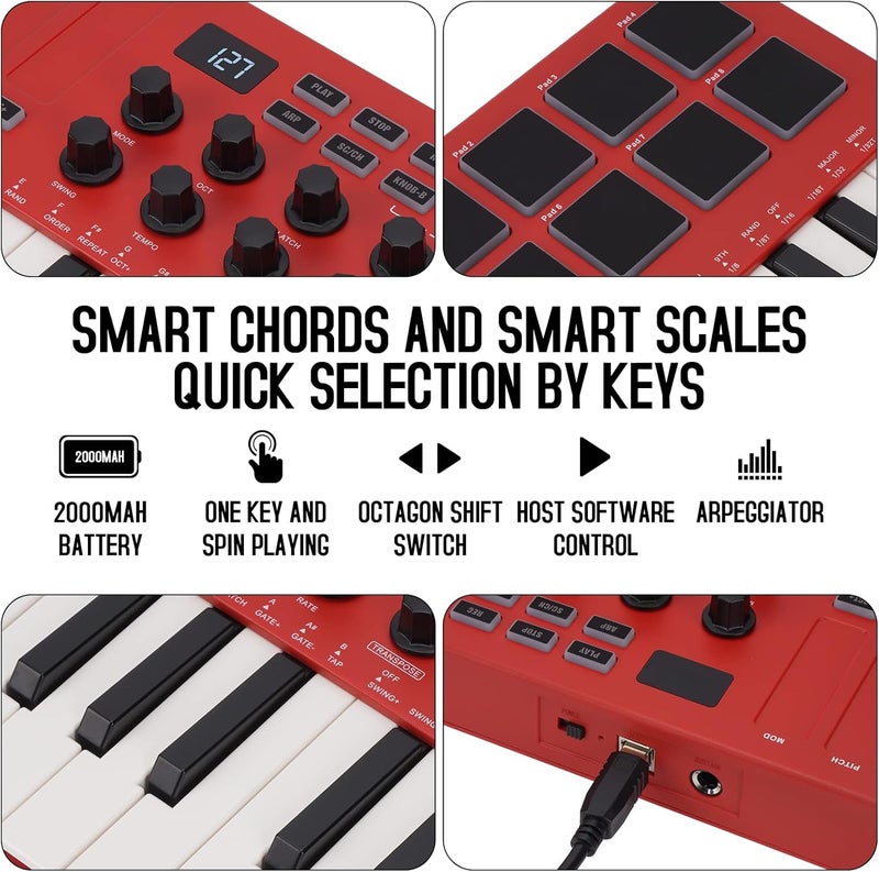 M-VAVE 25 Key USB MIDI Keyboard Controller With 8 Backlit Drum Pads, Bluetooth Semi Weighted Professional dynamic keybed 8 Knobs and Music Production,Software Included (Red) - Image 5